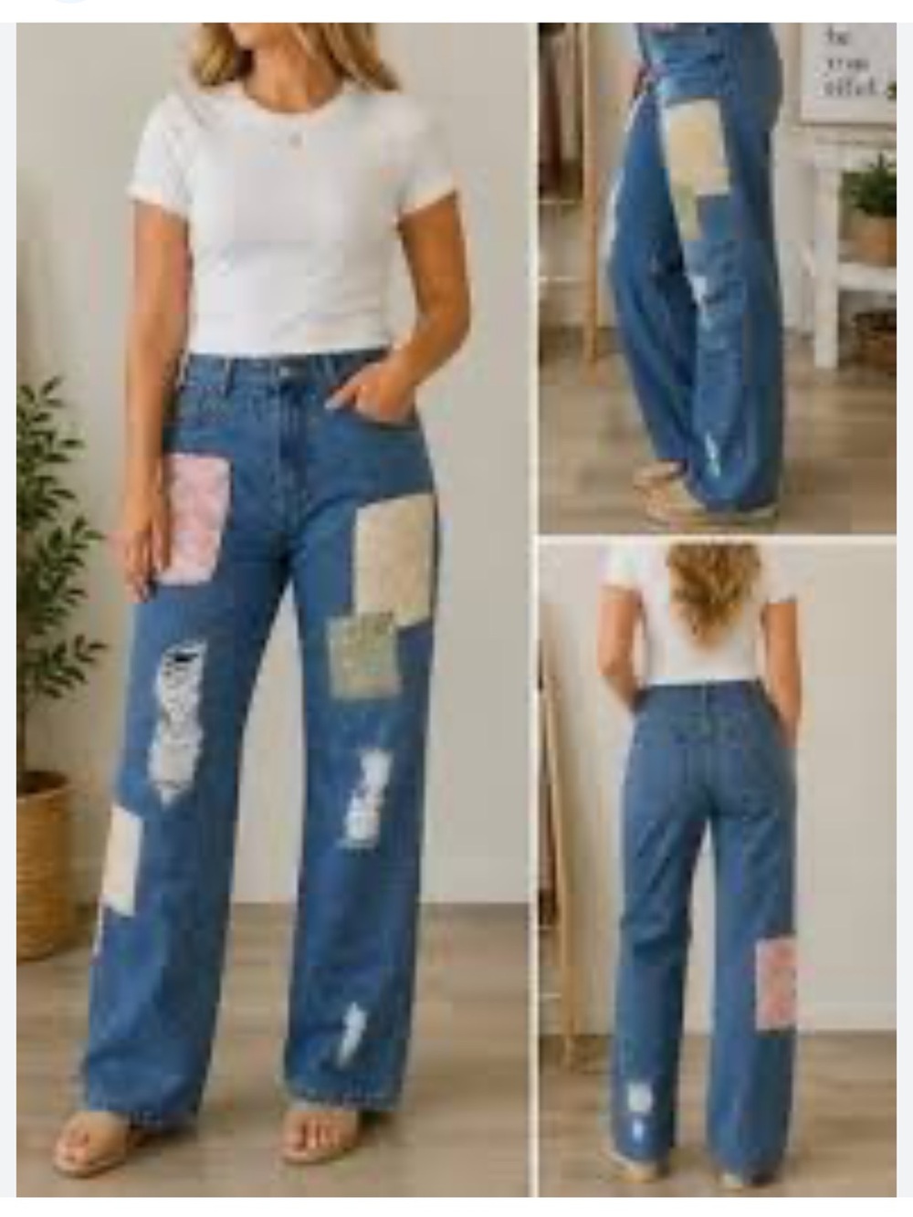 New: Easel Boho Mixed Patchwork Distressed Flared Dark Wash Jeans• Small